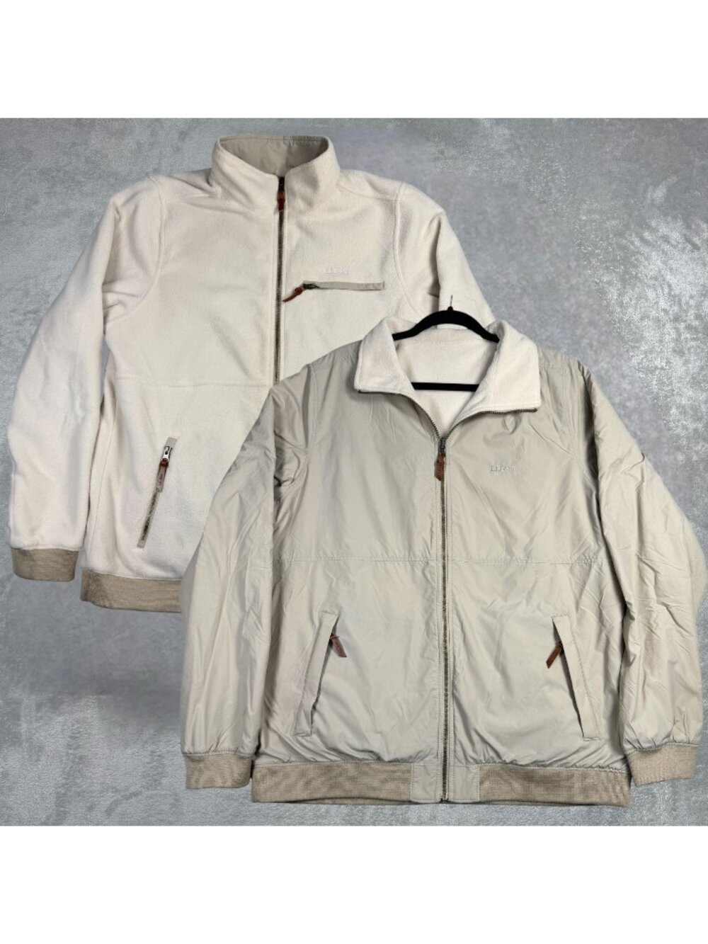 LL Bean Reversible Fleece Jacket Mens XL Tall Ivory Tan Full Zip Outdoor Travel